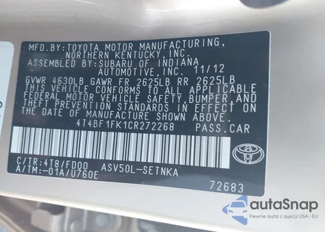 2012 Toyota Camry Le из США, поврежденный, VIN 4T4BF1FK1CR272268